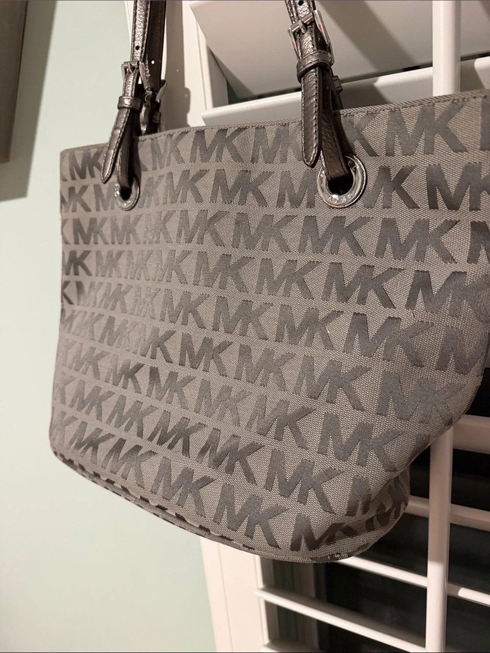 Michael Kors Gray Signature MK Shopper Tote with Metallic Straps